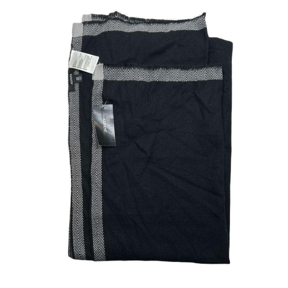 Alfani Black Herringbone Scarf Mens One Size Gray Trim Border Elegant Winter $50
